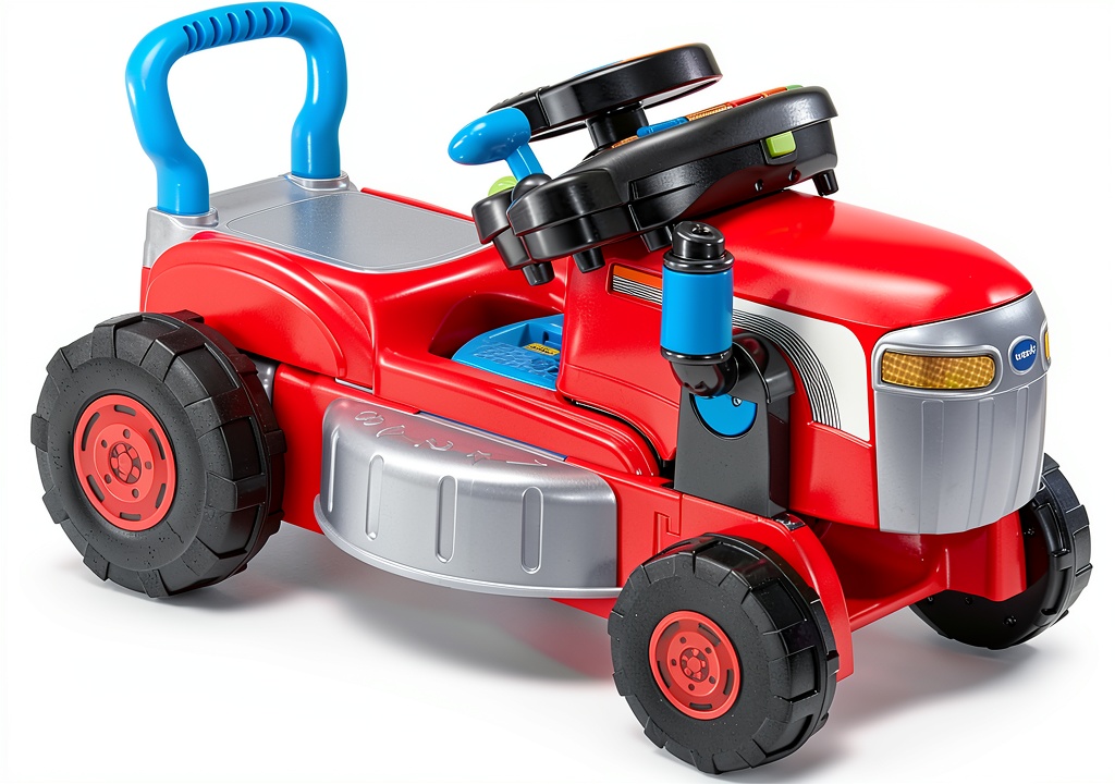 VTech 3-in-1 toddler lawn mower in walk-behind mode on grass