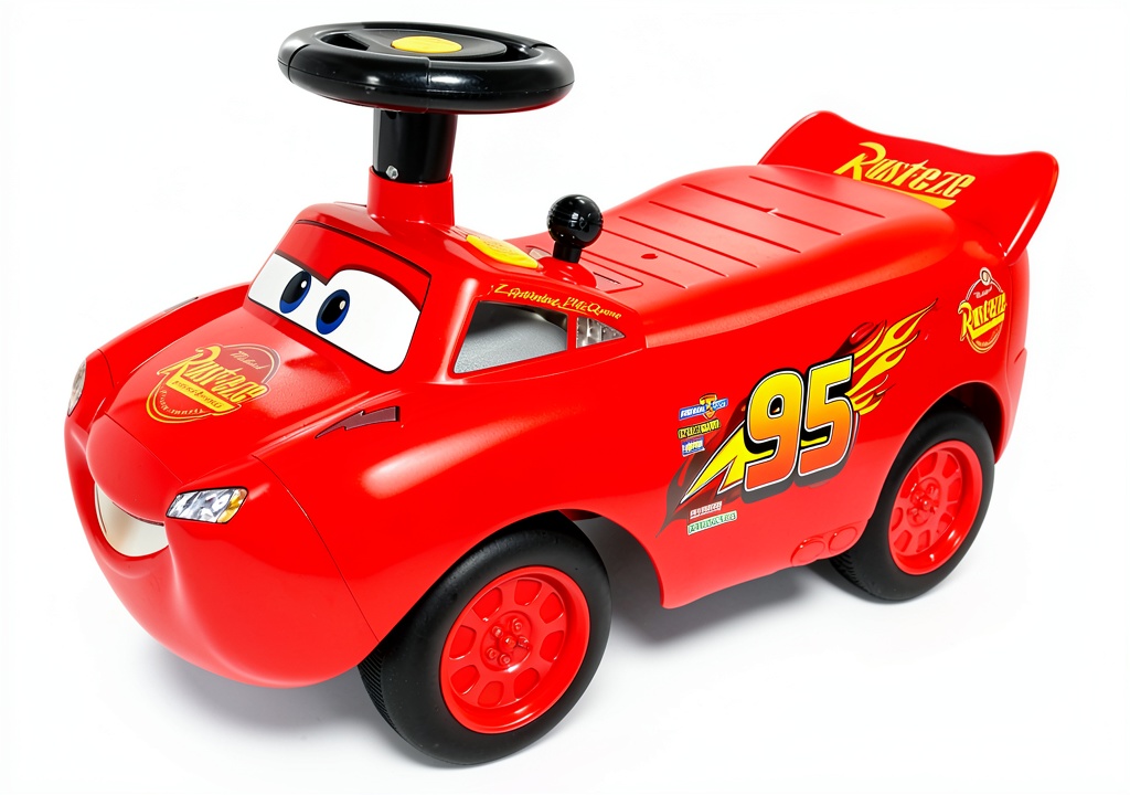 Toddler playing with Kiddieland Lightning McQueen push ride-on toy outdoors
