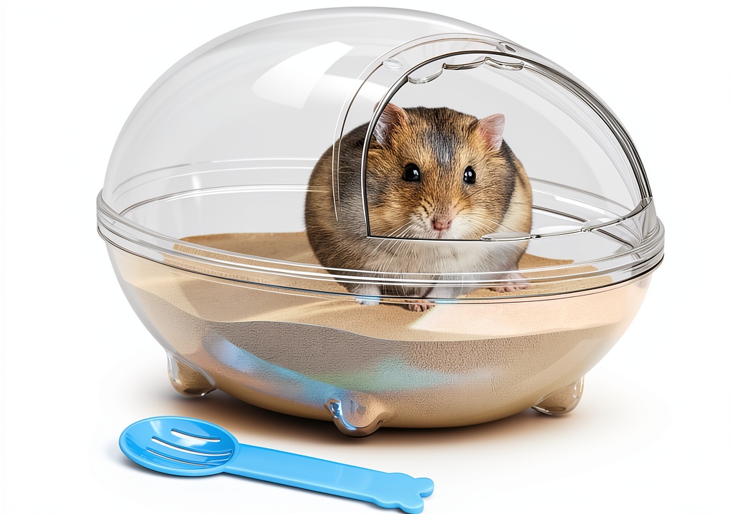 Hamster enjoying the dinosaur sand bath in a cage
